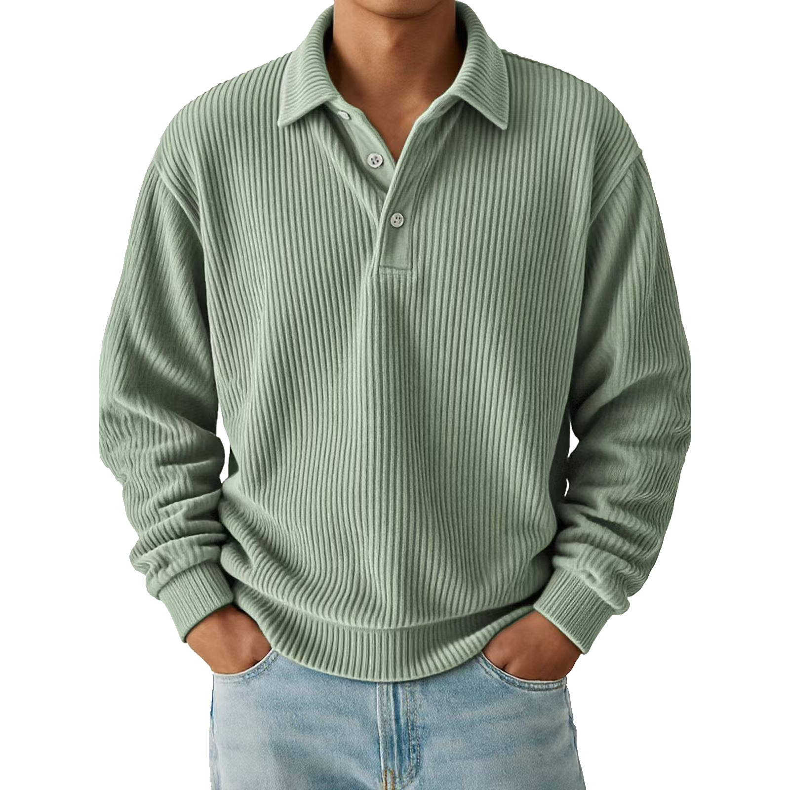Men's Corduroy Textured Long Sleeve Polo Shirt