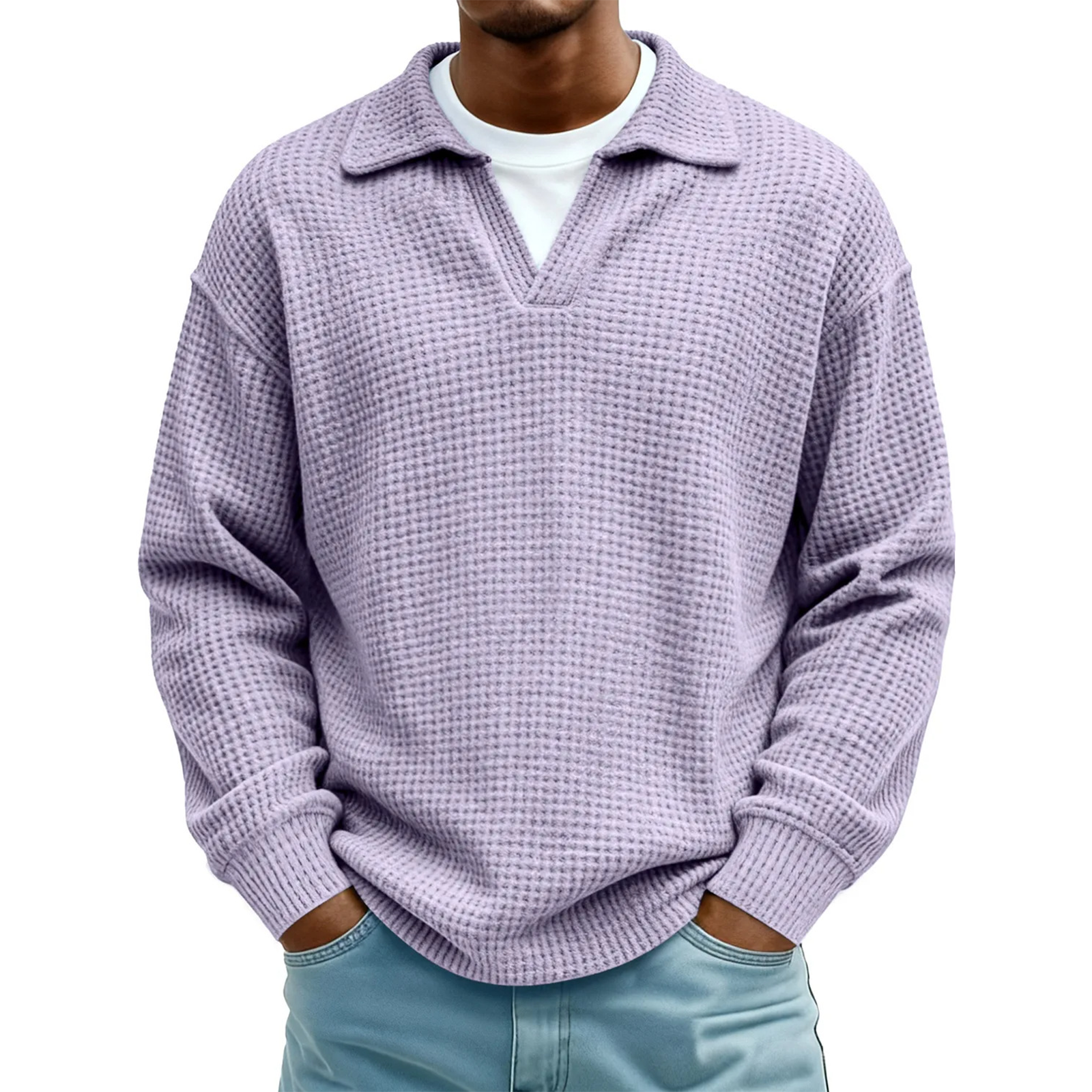 Men's Waffle Knit Long Sleeve Polo Sweater