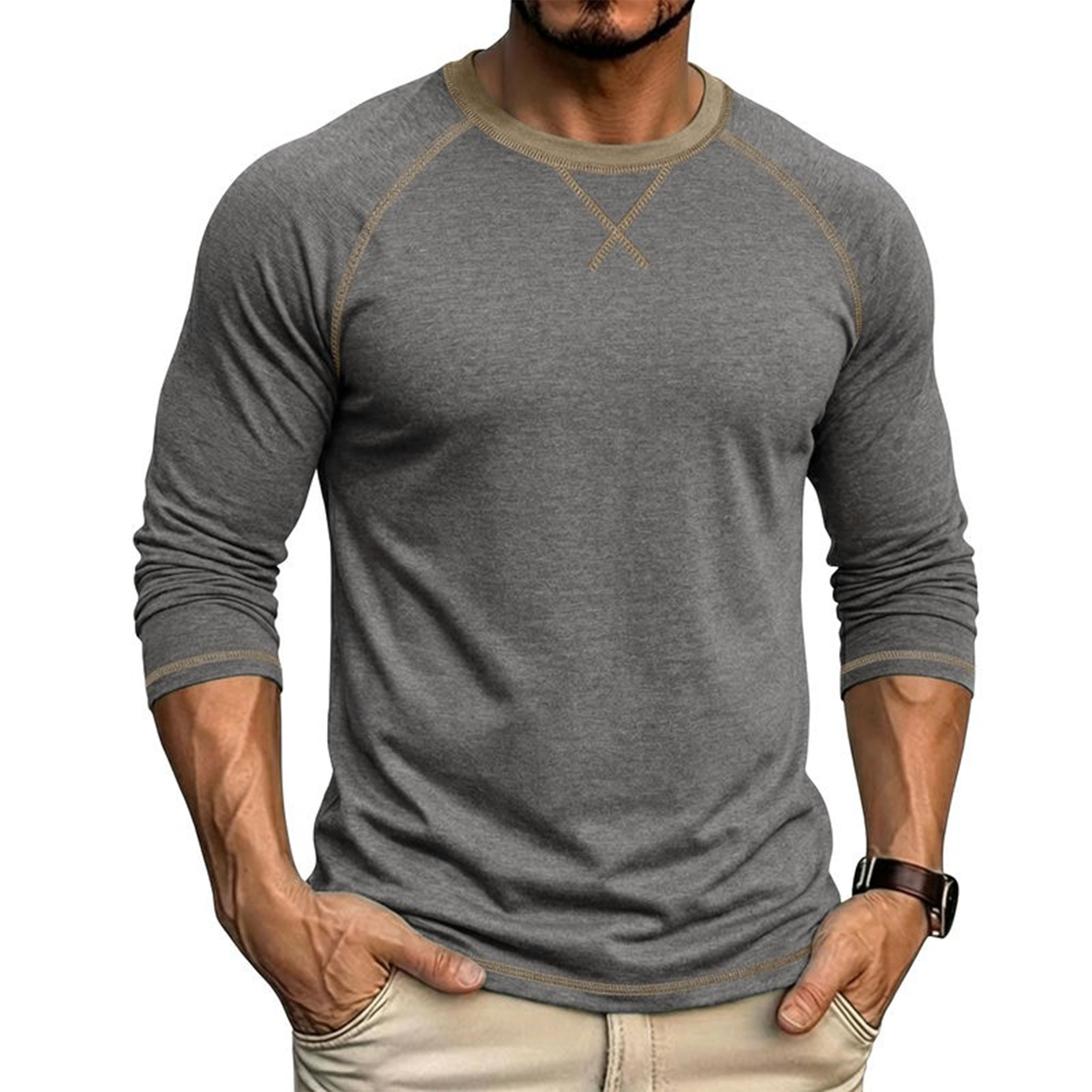 Men's Contrast-Stitch Raglan Long Sleeve T-Shirt