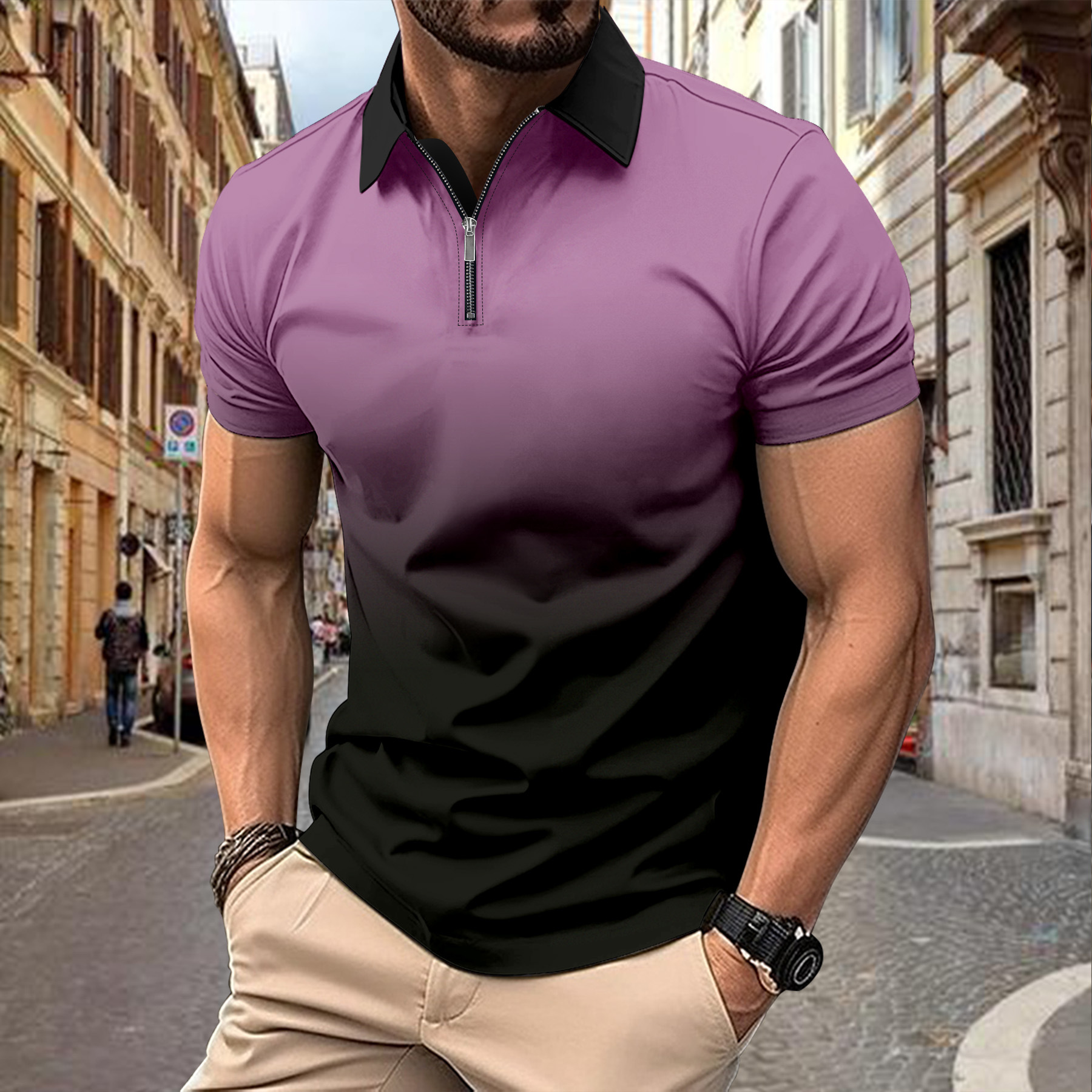 Men's Gradient Printed Zipper Short Sleeve Polo Shirt
