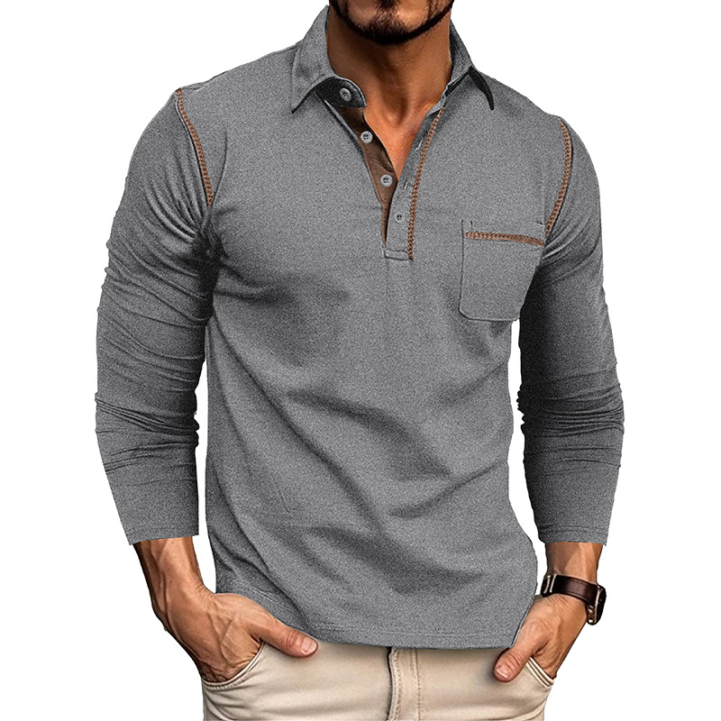 Men's Casual Long Sleeve Polo – American Style Color Block T-Shirt