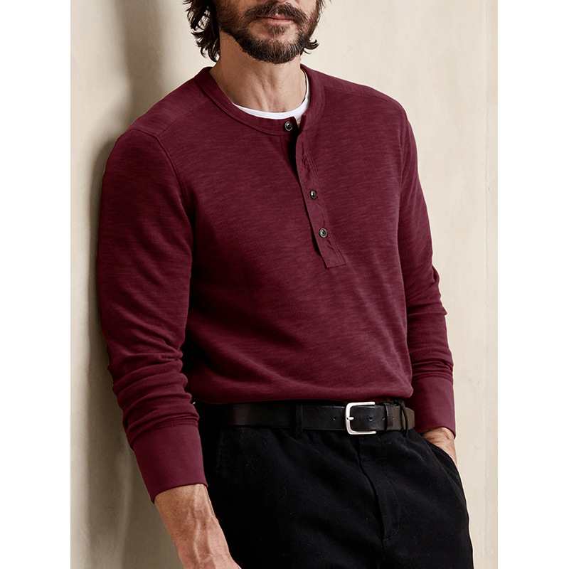 Men's Long Sleeve Crew Neck Henley T-Shirt Slim Fit Casual Top