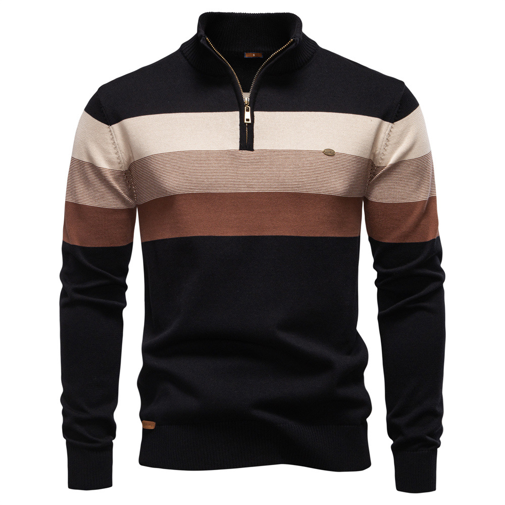 Men's Contrast Striped Half-Zip Stand Collar Sweater