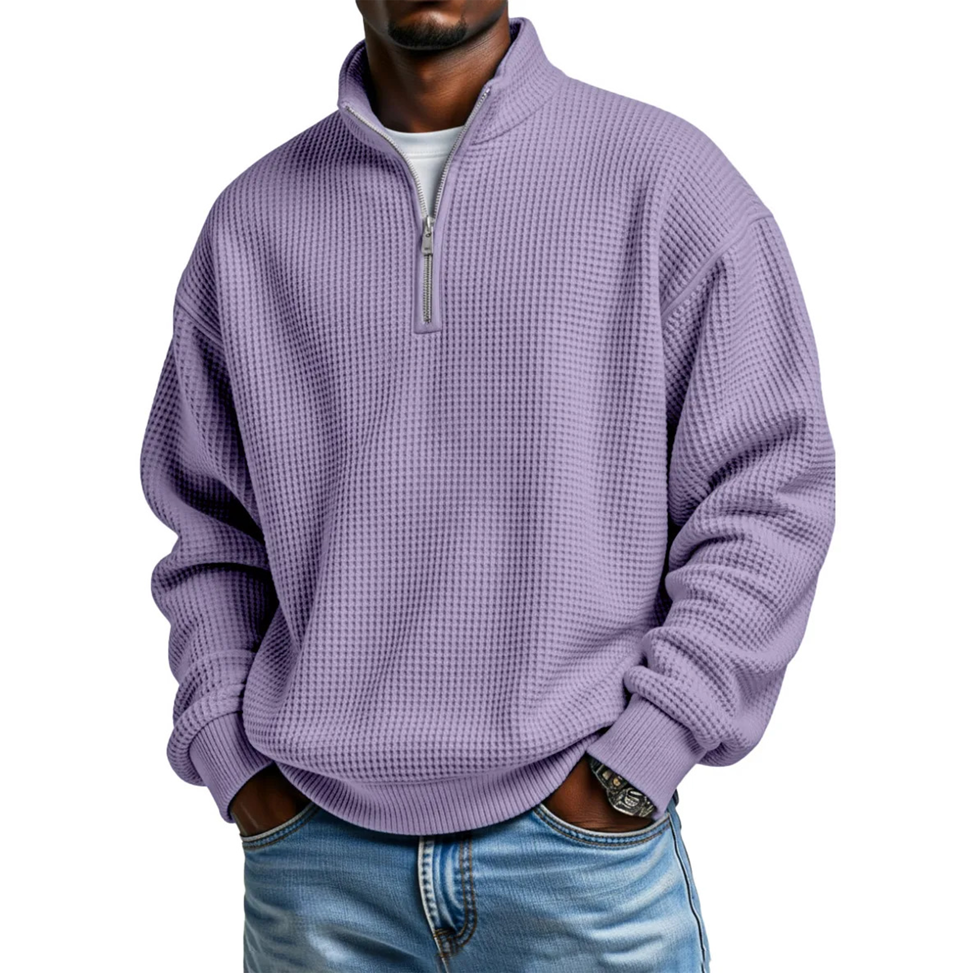 Men's Waffle Knit Quarter-Zip Pullover Sweatshirt
