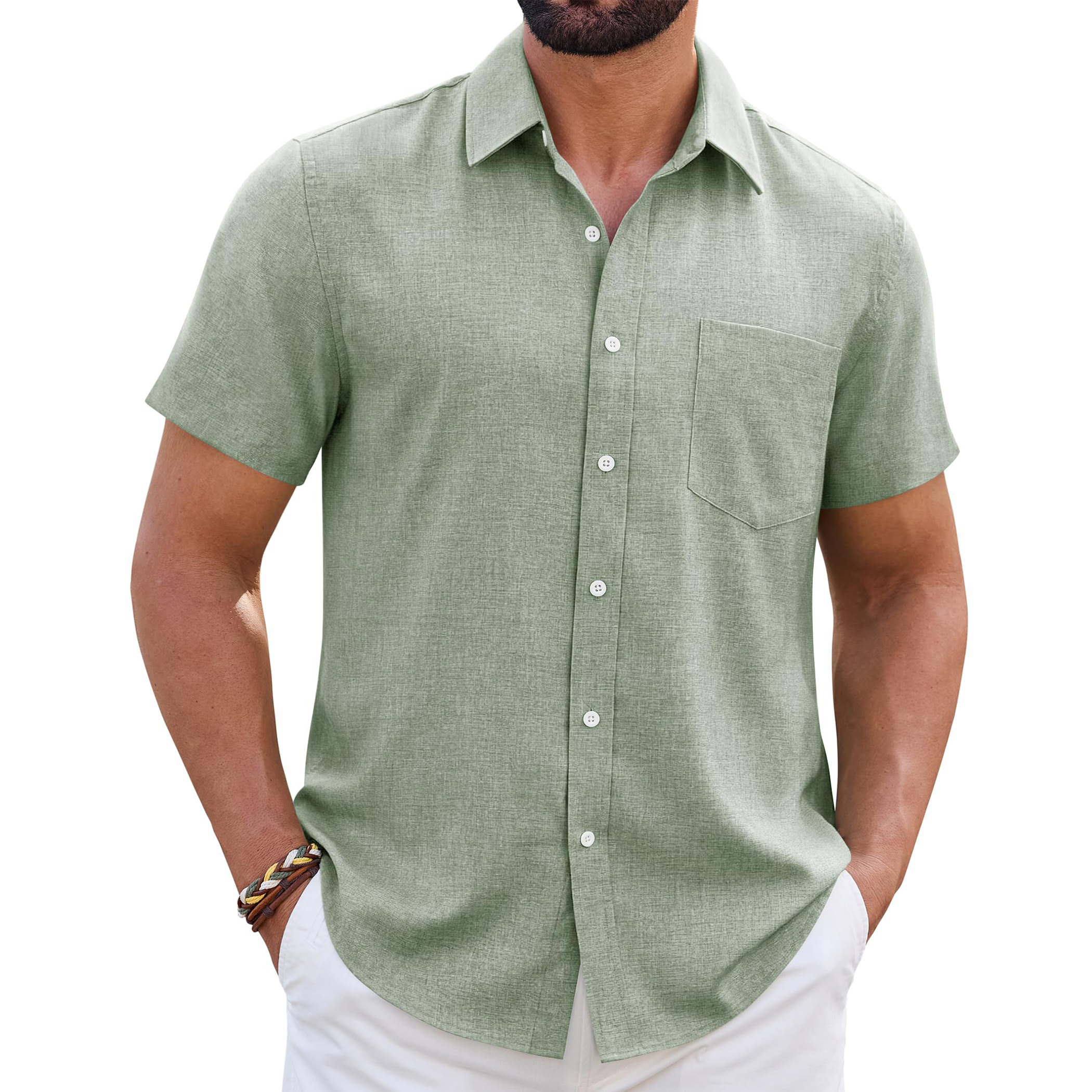 Men's Linen Short Sleeve Shirt with Chest Pocket