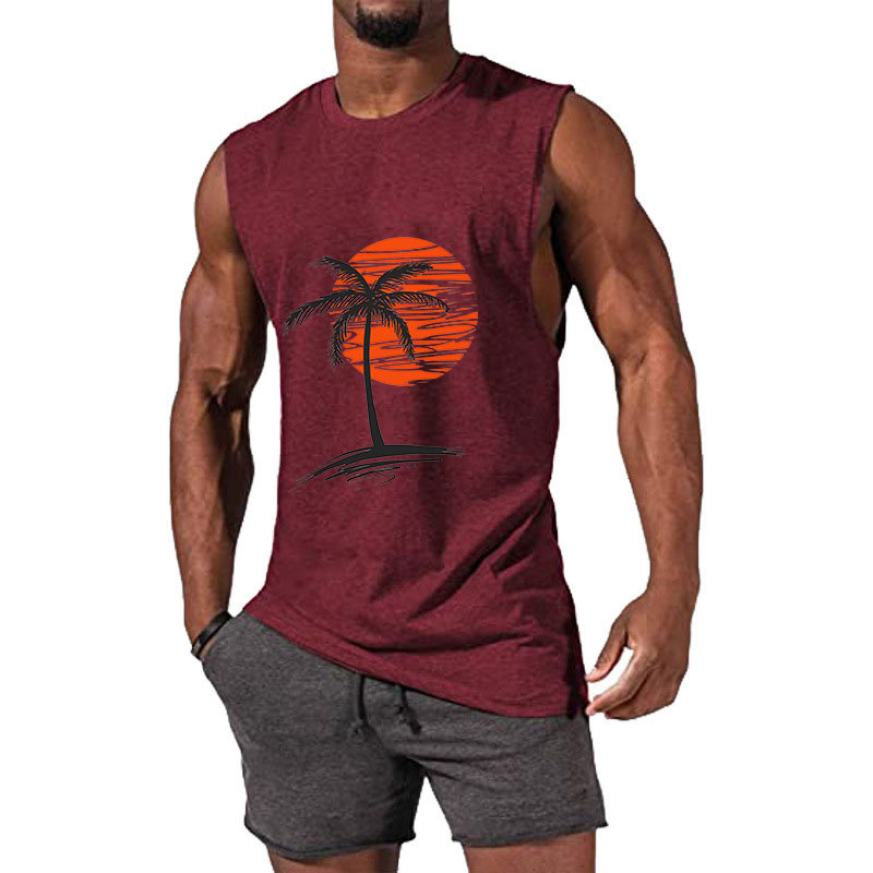 Men's Sleeveless Muscle Tank Top with Coconut Tree Print - Athletic and Casual Style