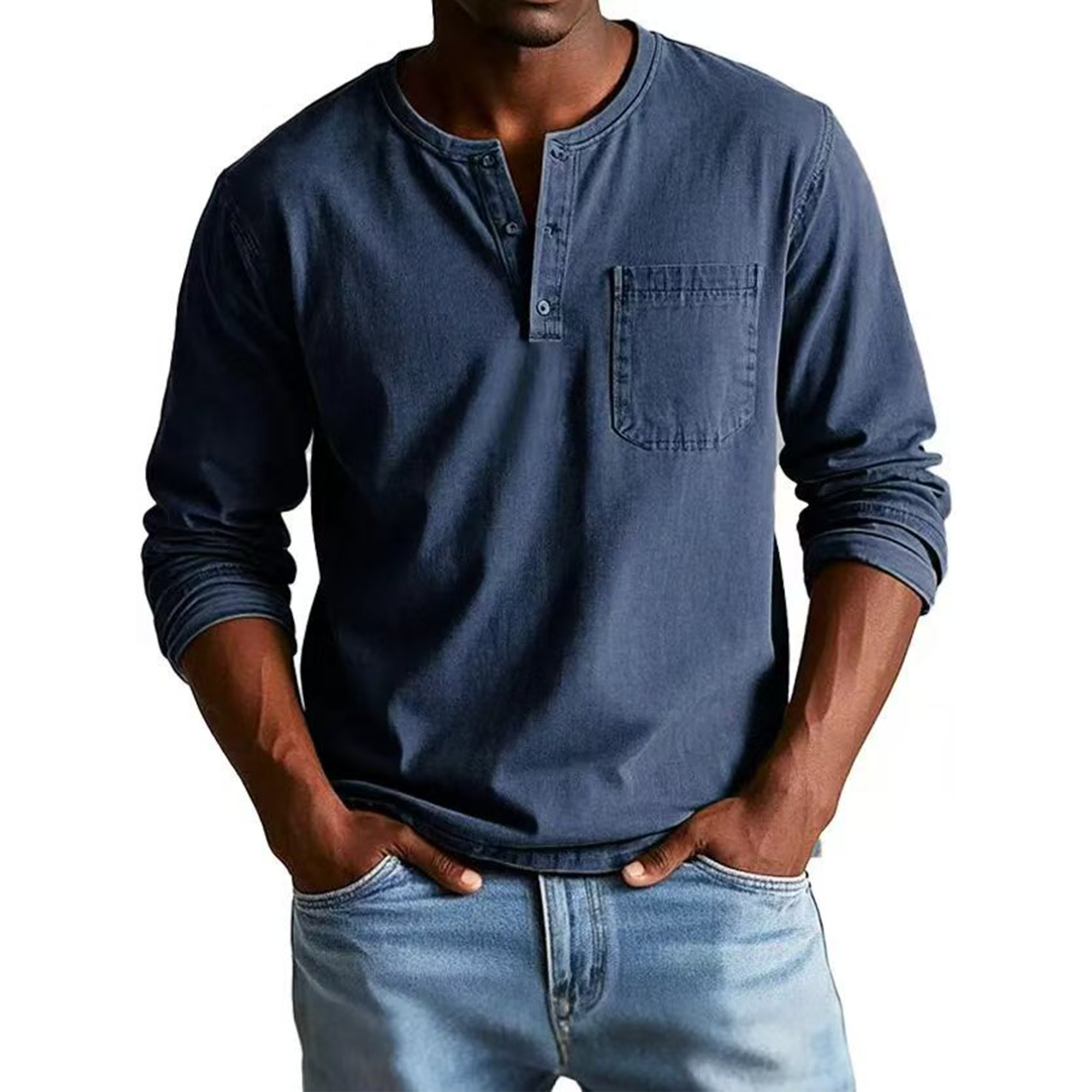 Men's Vintage Distressed Pocket Long Sleeve Henley Shirt