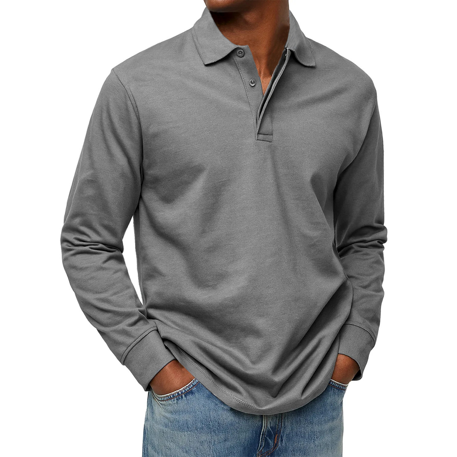 Men's Solid Color Long Sleeve Button Polo Shirt