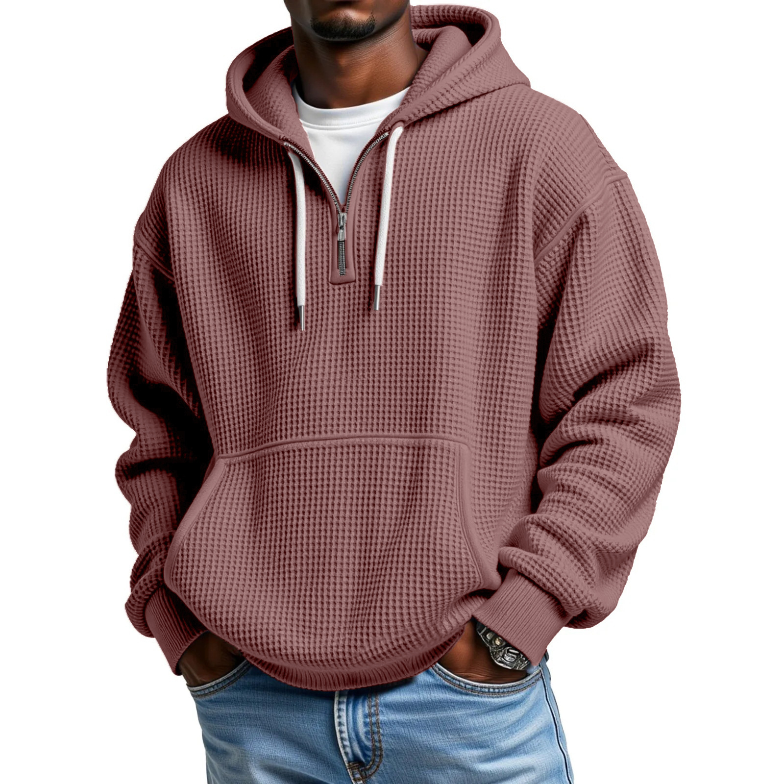 Men's Waffle Knit Long Sleeve Pullover Hoodie