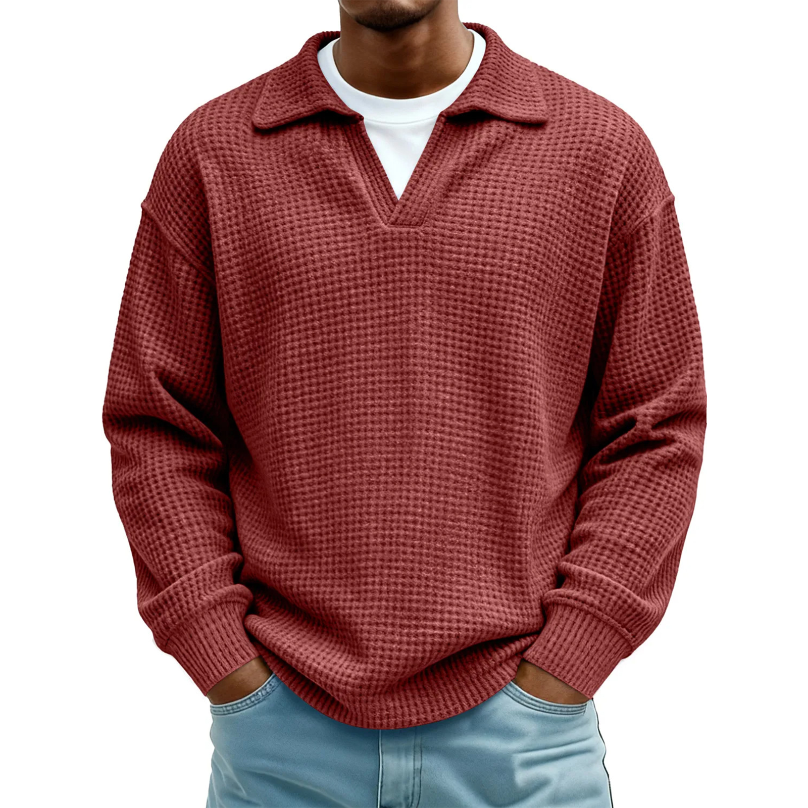 Men's Waffle Knit Long Sleeve Polo Sweater
