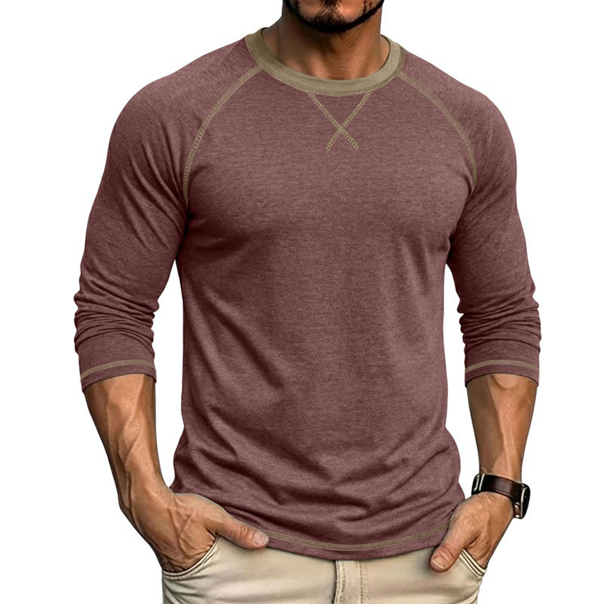 Men's Contrast-Stitch Raglan Long Sleeve T-Shirt