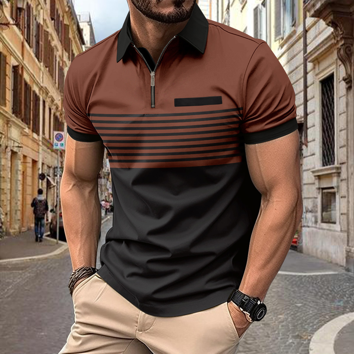 Men's Striped Zipper Short Sleeve Polo Shirt