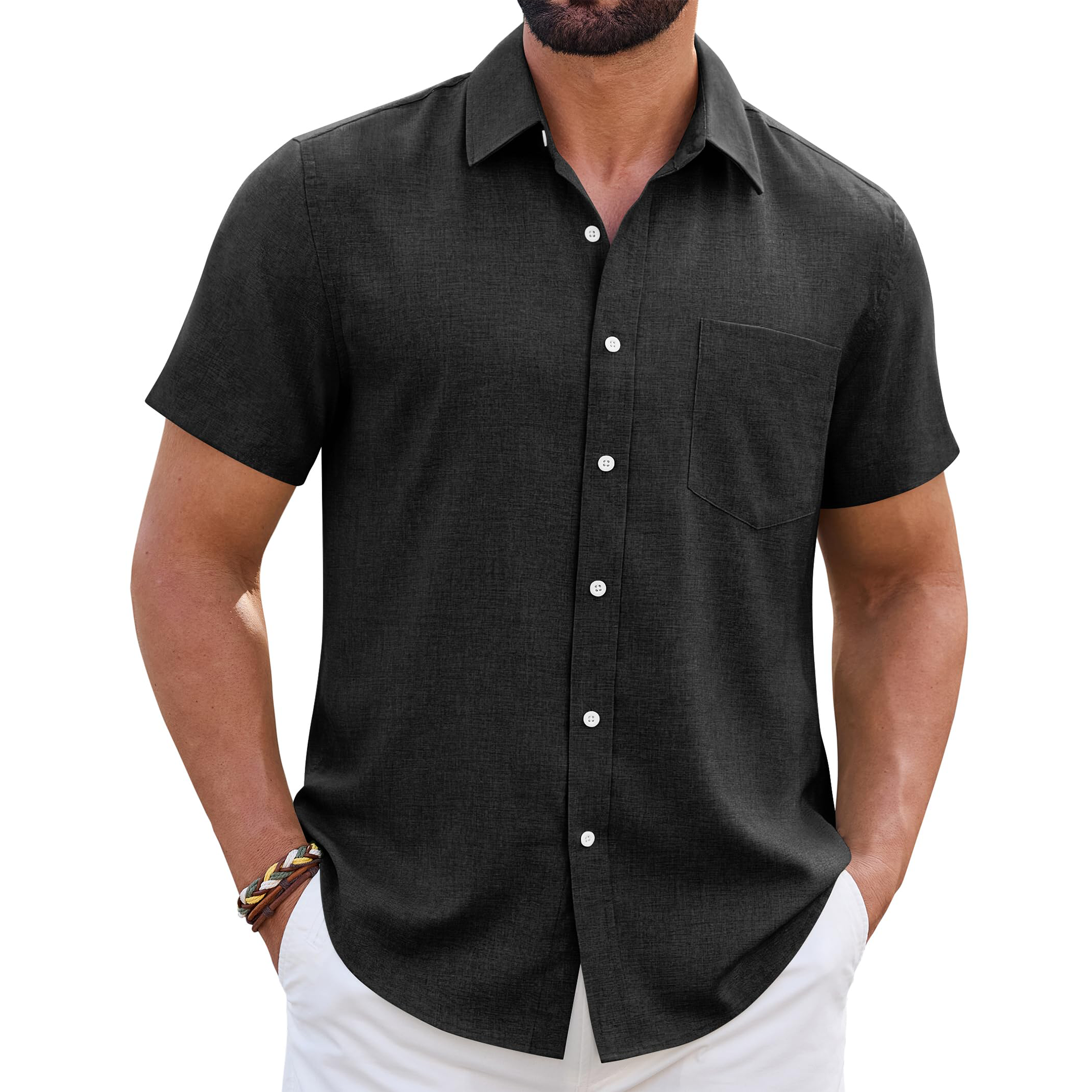 Men's Linen Short Sleeve Shirt with Chest Pocket