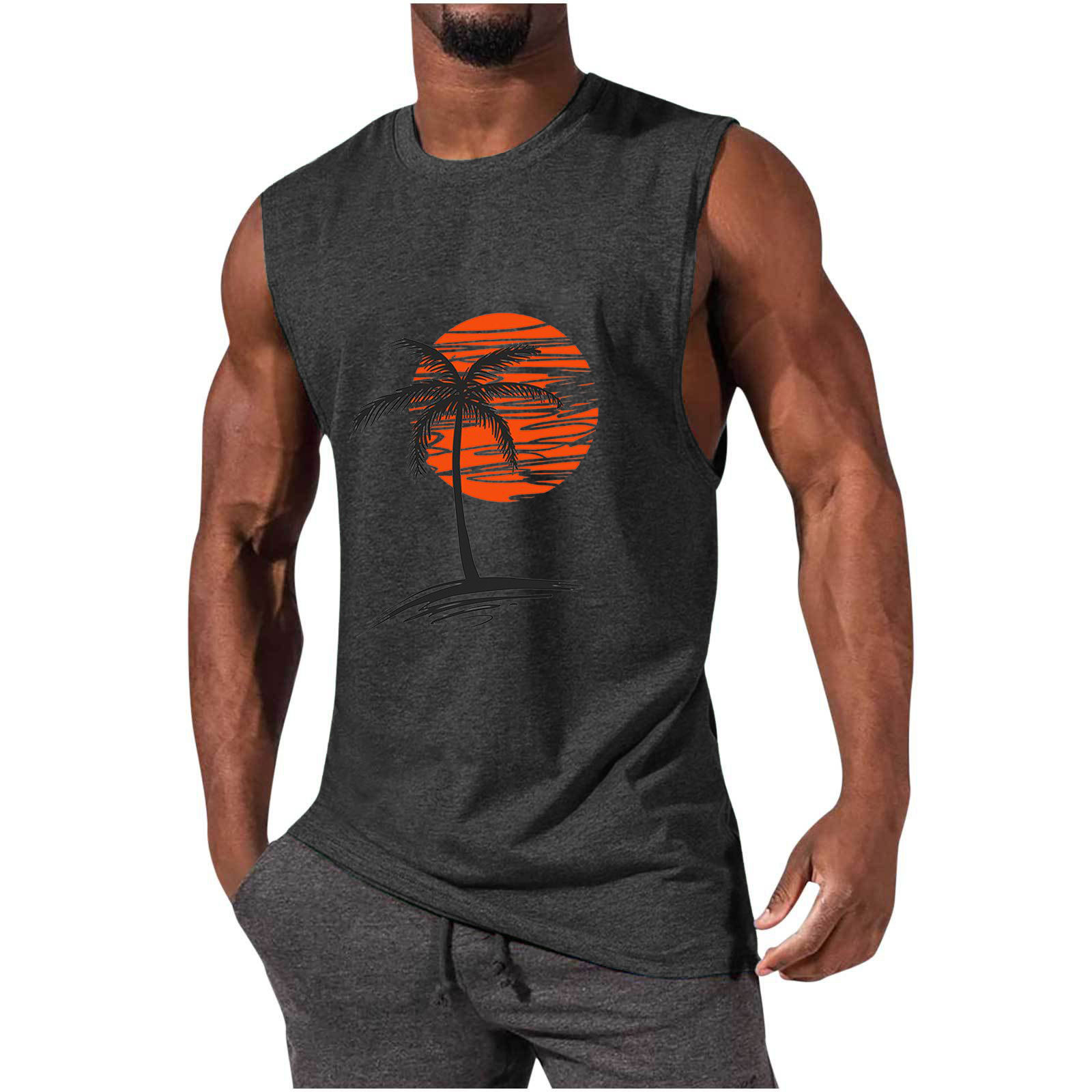 Men's Sleeveless Muscle Tank Top with Coconut Tree Print - Athletic and Casual Style