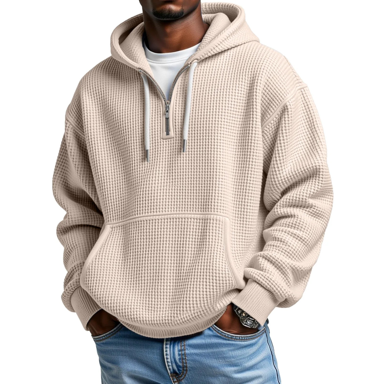 Men's Waffle Knit Long Sleeve Pullover Hoodie