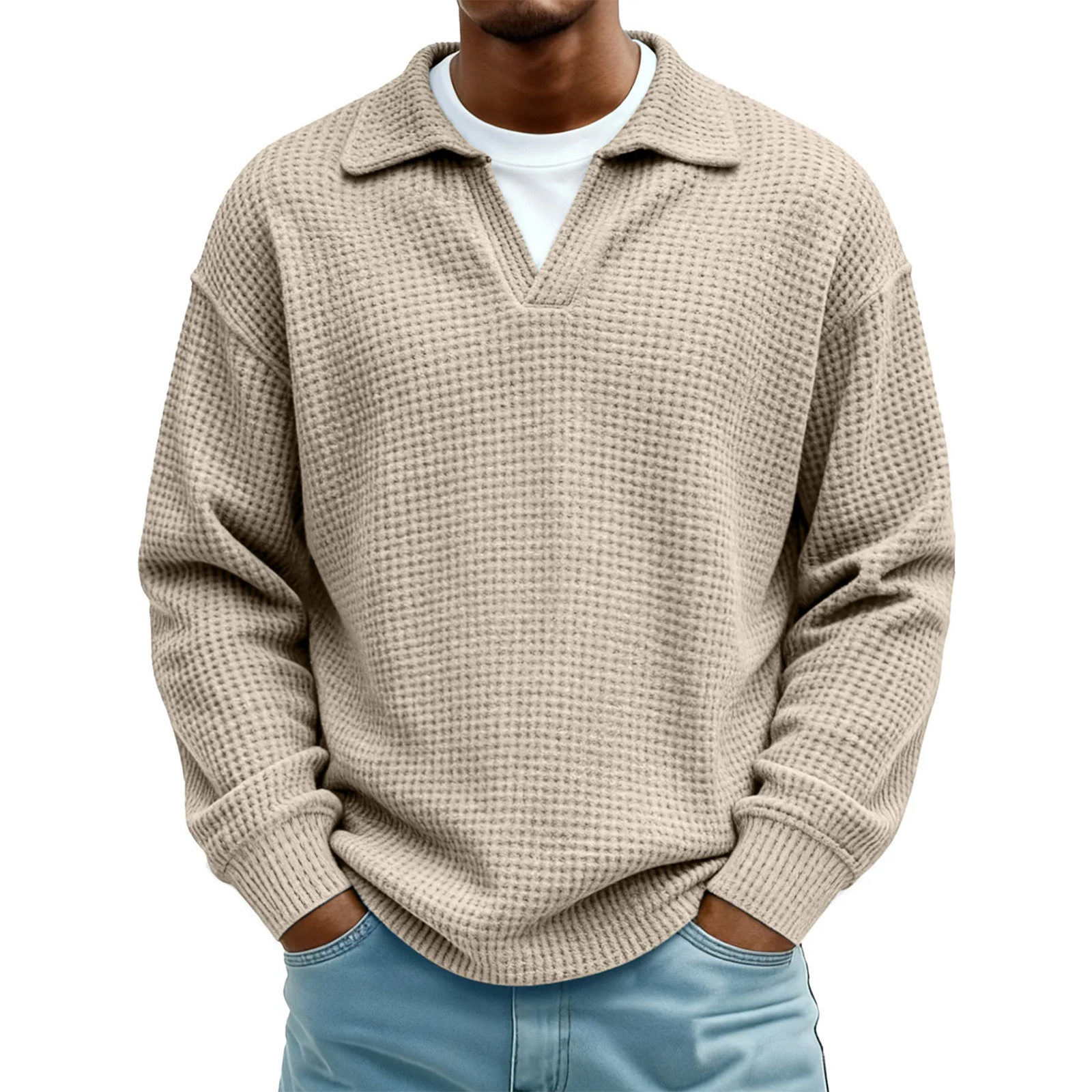 Men's Waffle Knit Long Sleeve Polo Sweater