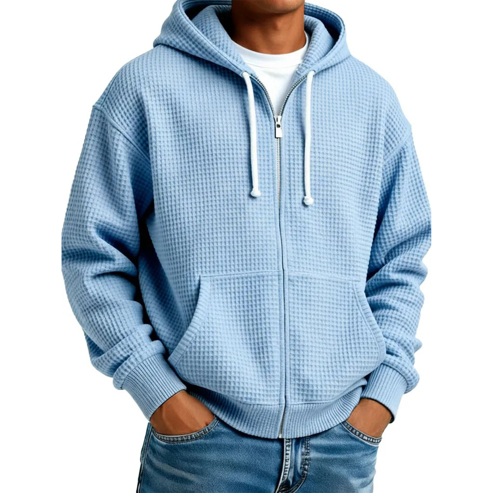 Men's Waffle Knit Full-Zip Long Sleeve Hoodie