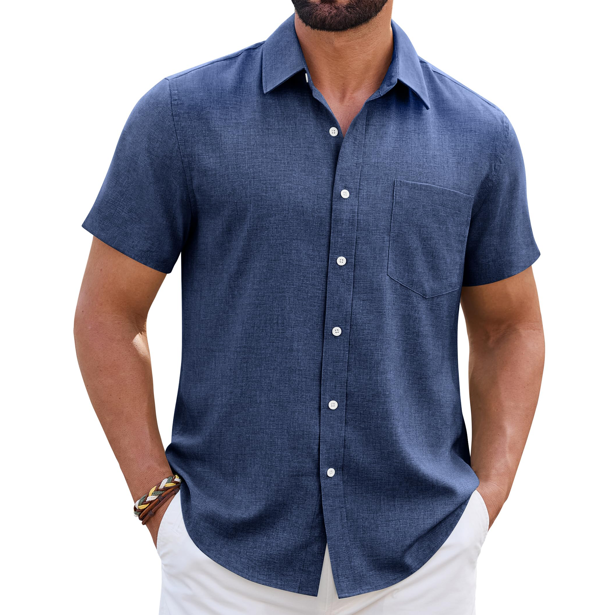 Men's Linen Short Sleeve Shirt with Chest Pocket