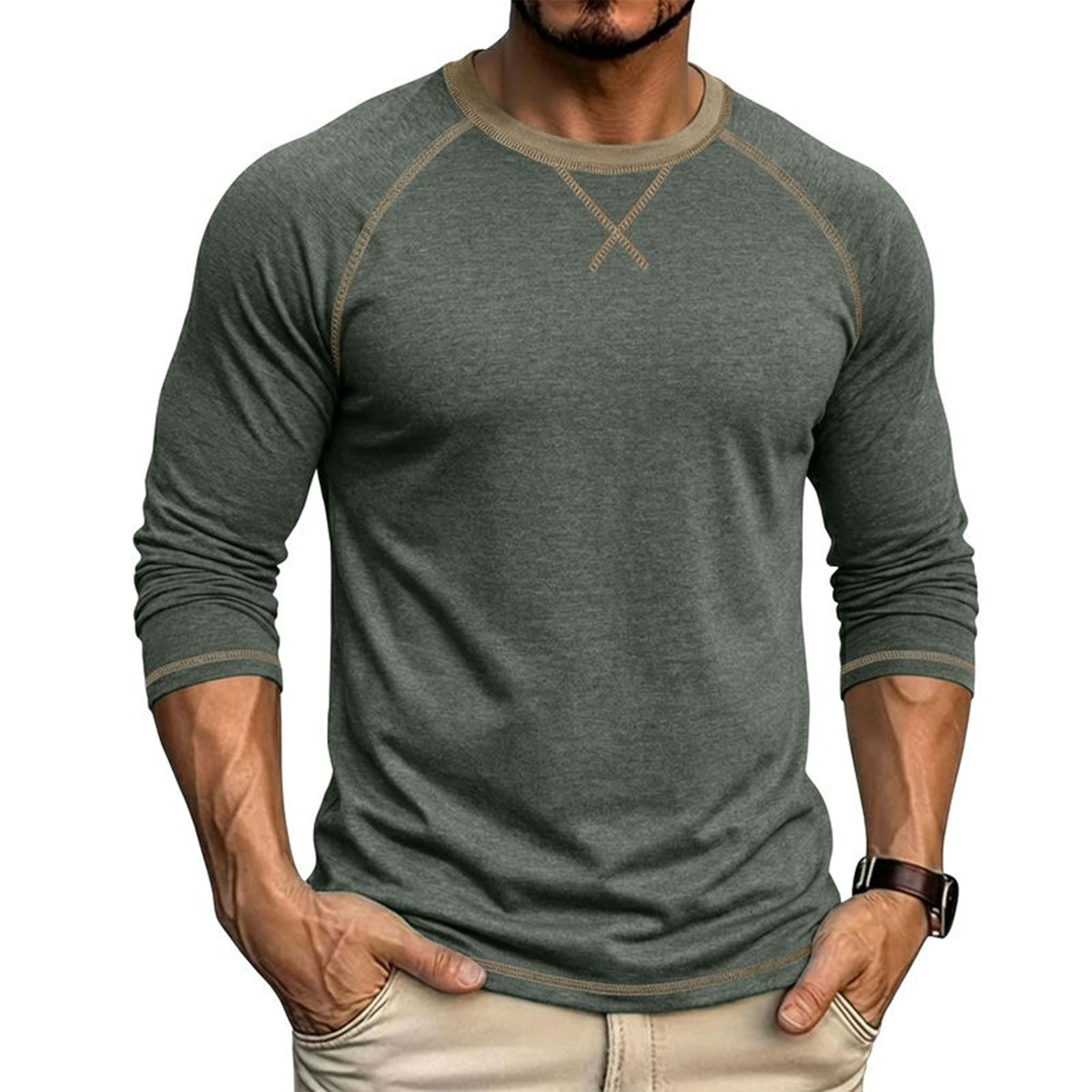 Men's Contrast-Stitch Raglan Long Sleeve T-Shirt