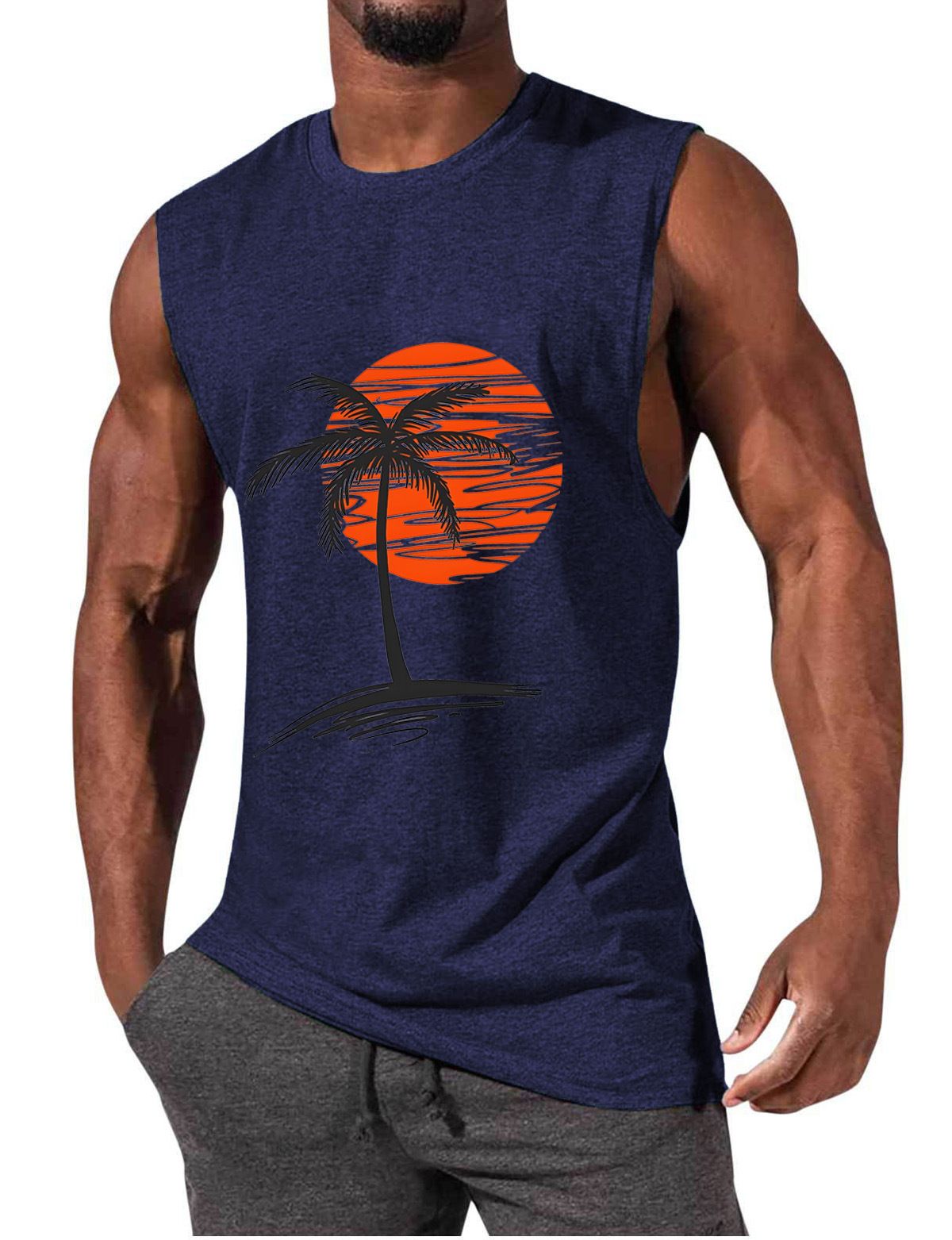 Men's Sleeveless Muscle Tank Top with Coconut Tree Print - Athletic and Casual Style