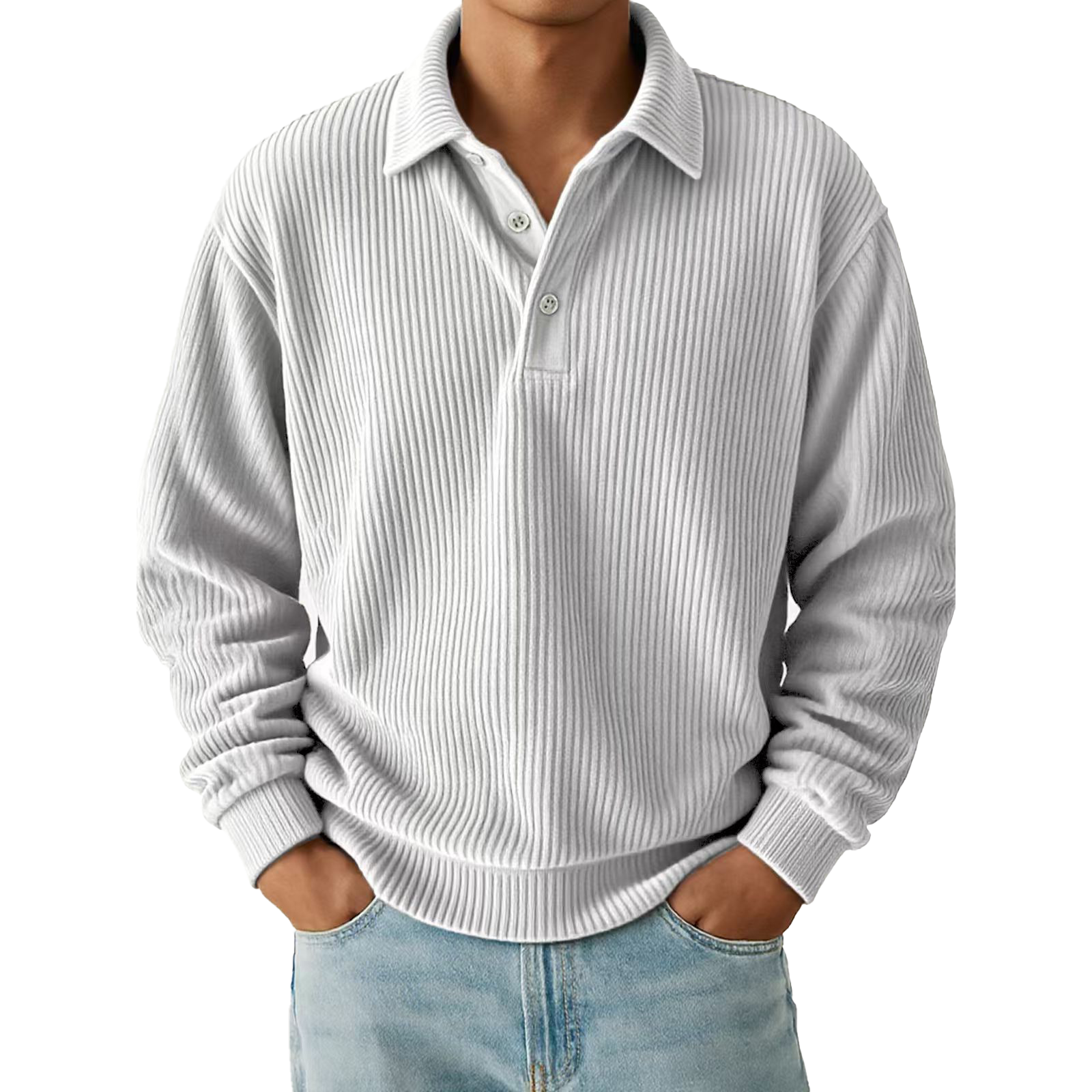 Men's Corduroy Textured Long Sleeve Polo Shirt