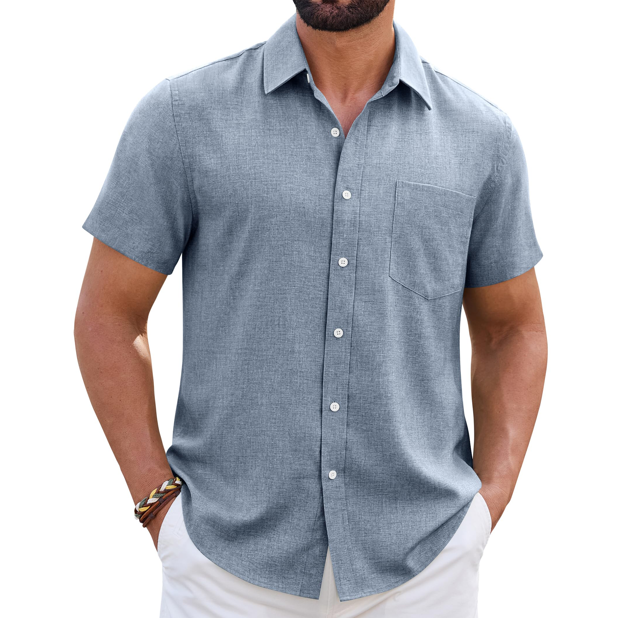Men's Linen Short Sleeve Shirt with Chest Pocket