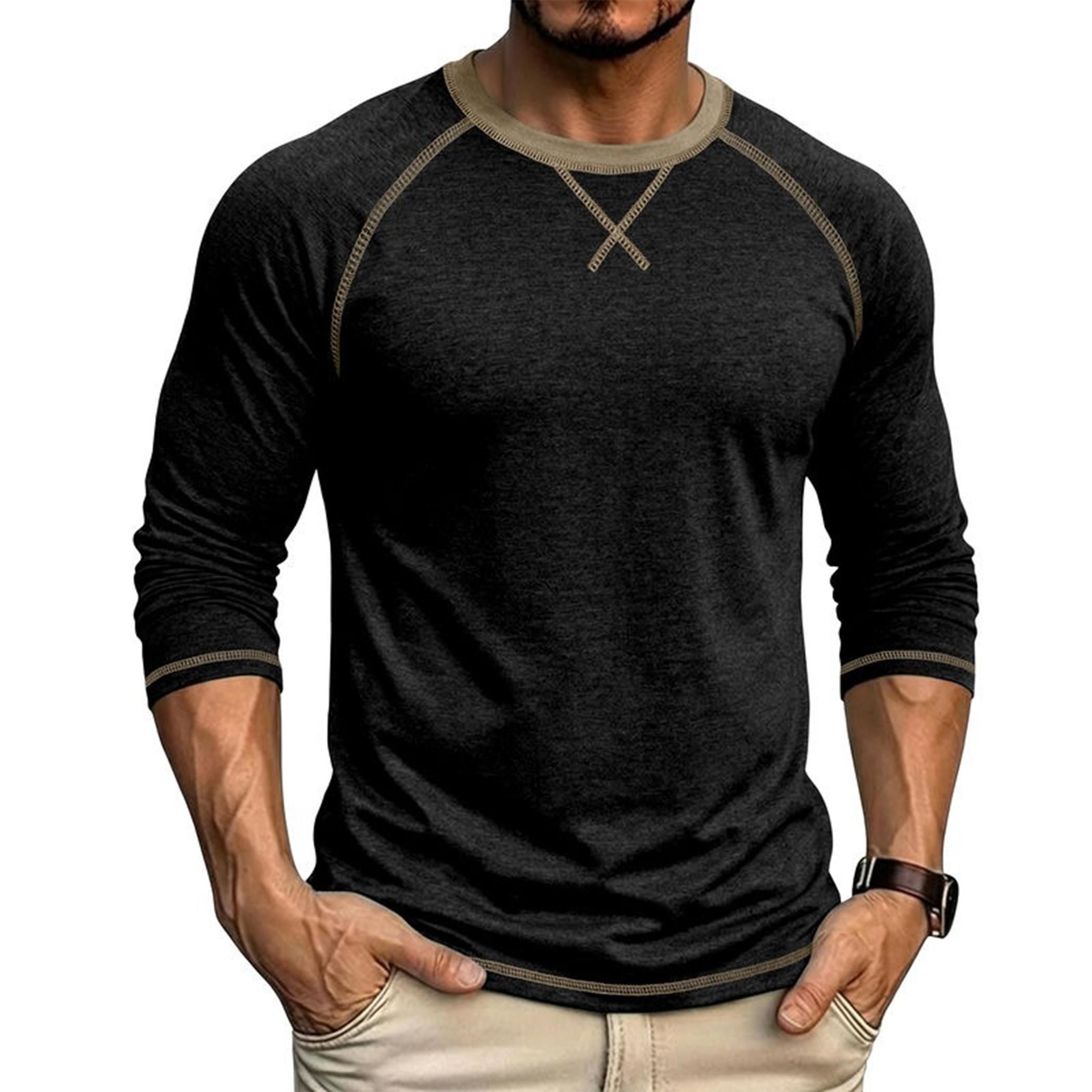 Men's Contrast-Stitch Raglan Long Sleeve T-Shirt