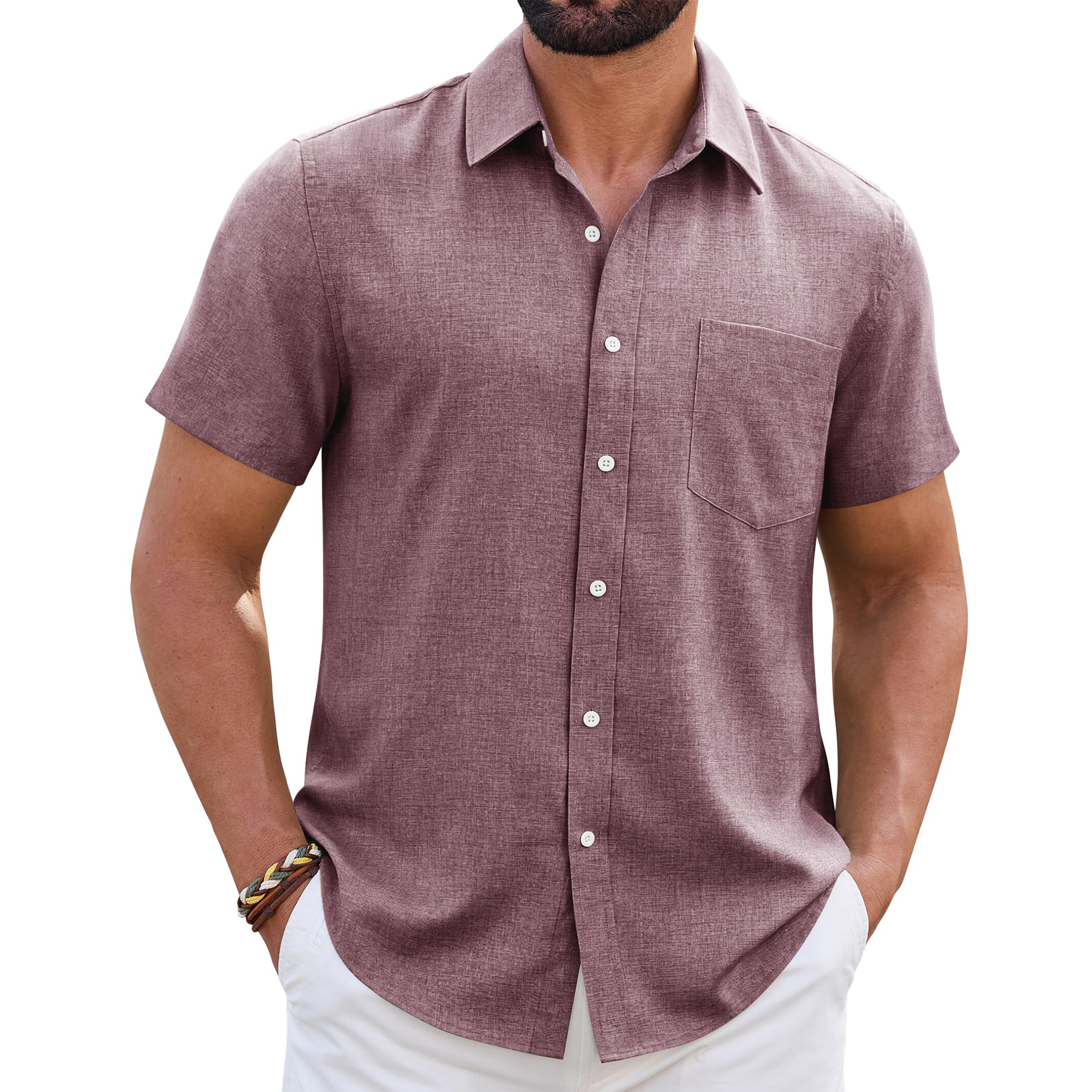 Men's Linen Short Sleeve Shirt with Chest Pocket