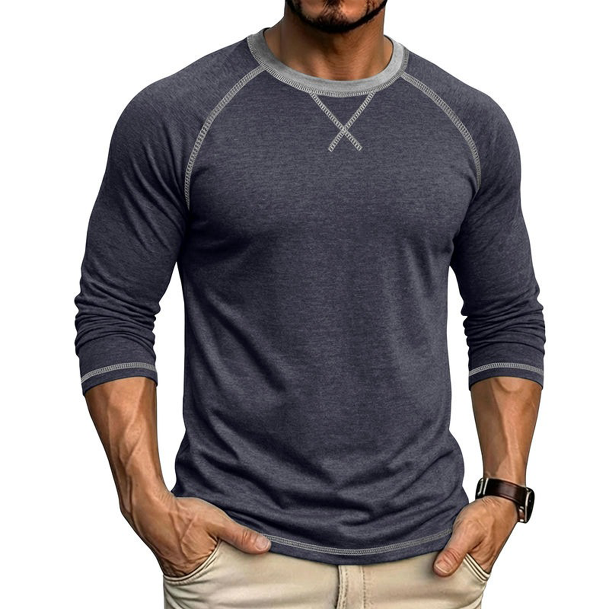 Men's Contrast-Stitch Raglan Long Sleeve T-Shirt