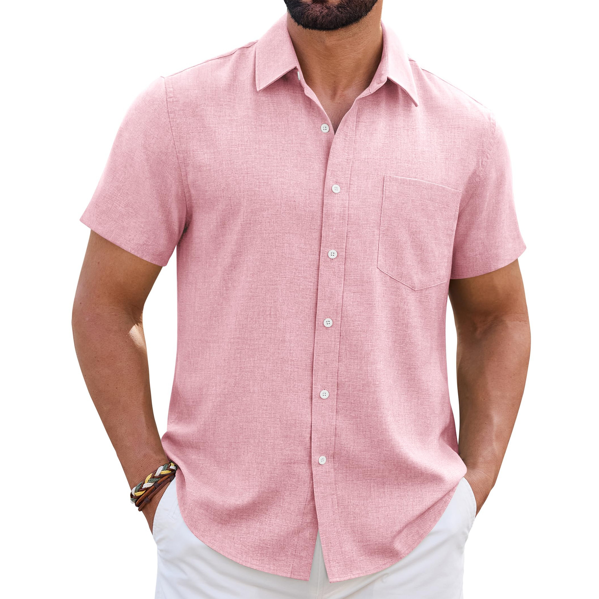 Men's Linen Short Sleeve Shirt with Chest Pocket