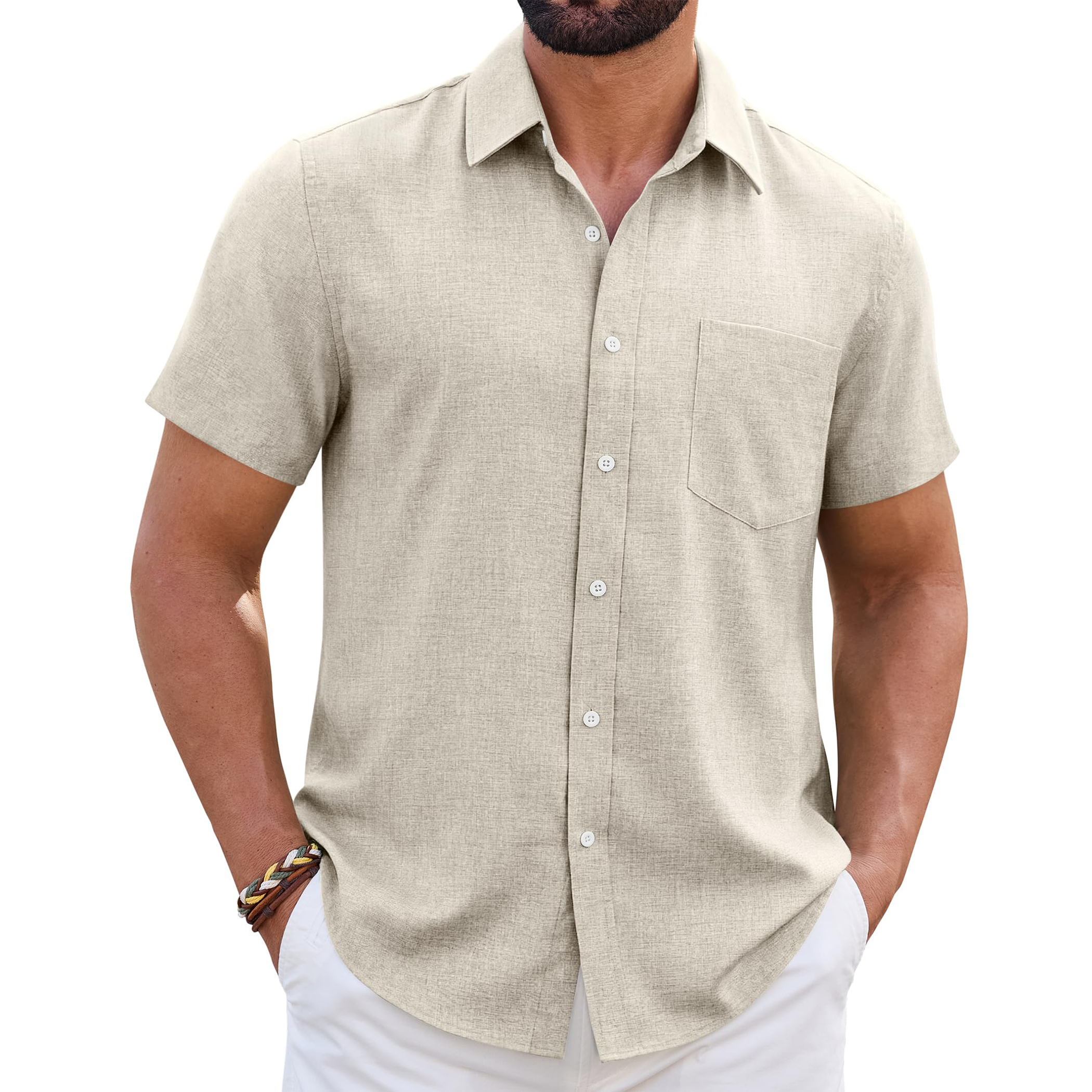 Men's Linen Short Sleeve Shirt with Chest Pocket