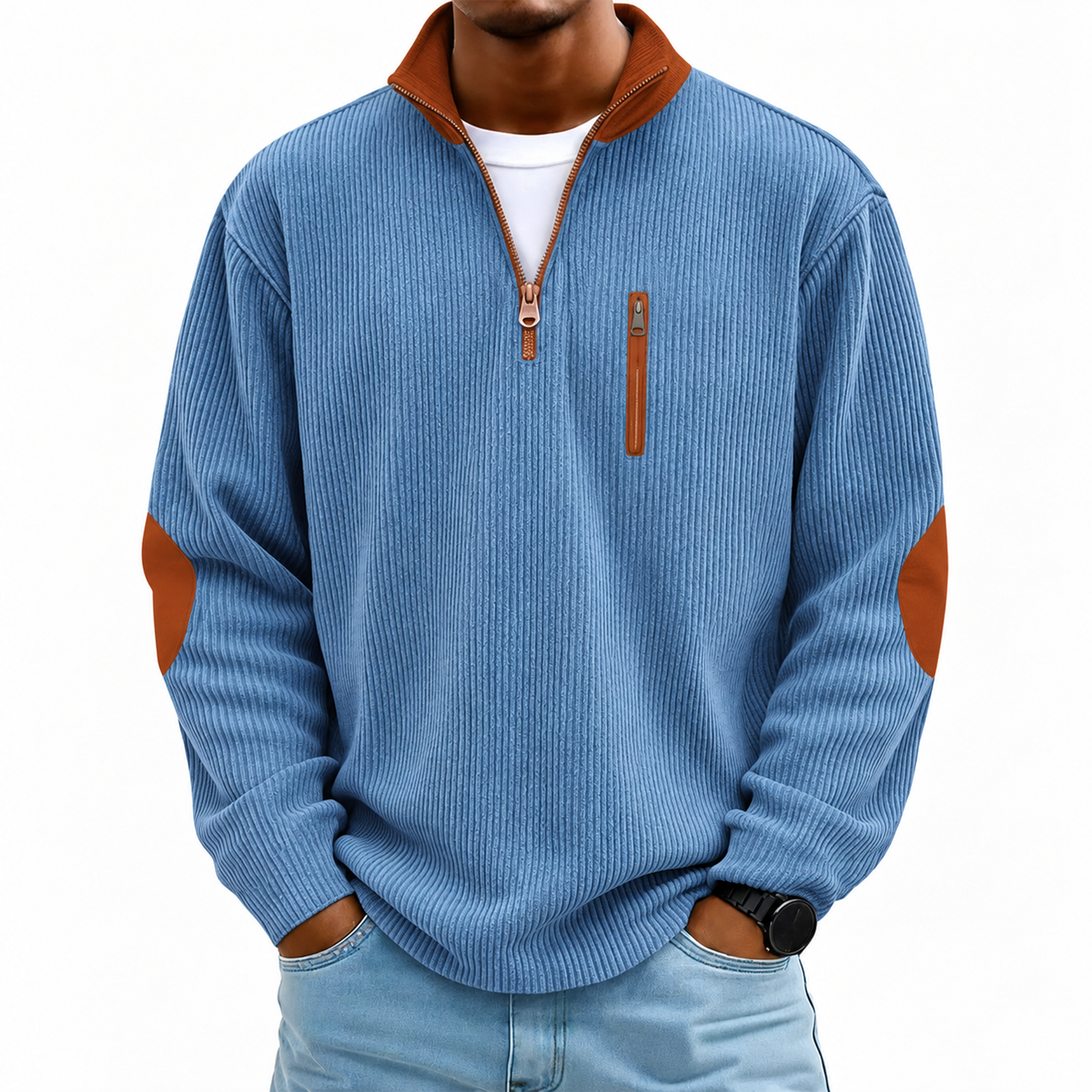 Men's Contrast Corduroy Quarter-Zip Pullover