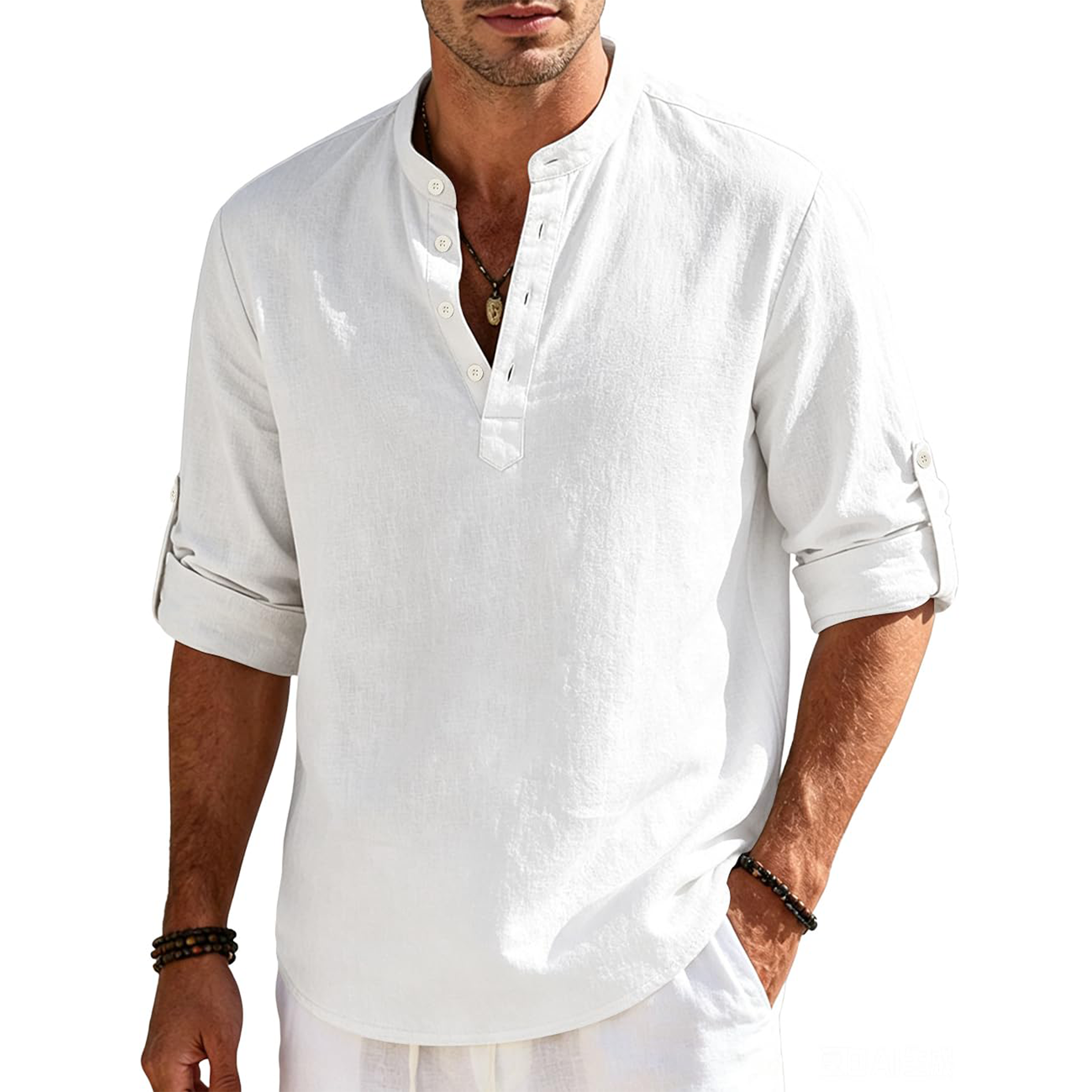 Men's Cotton Linen Long Sleeve Henley Shirts