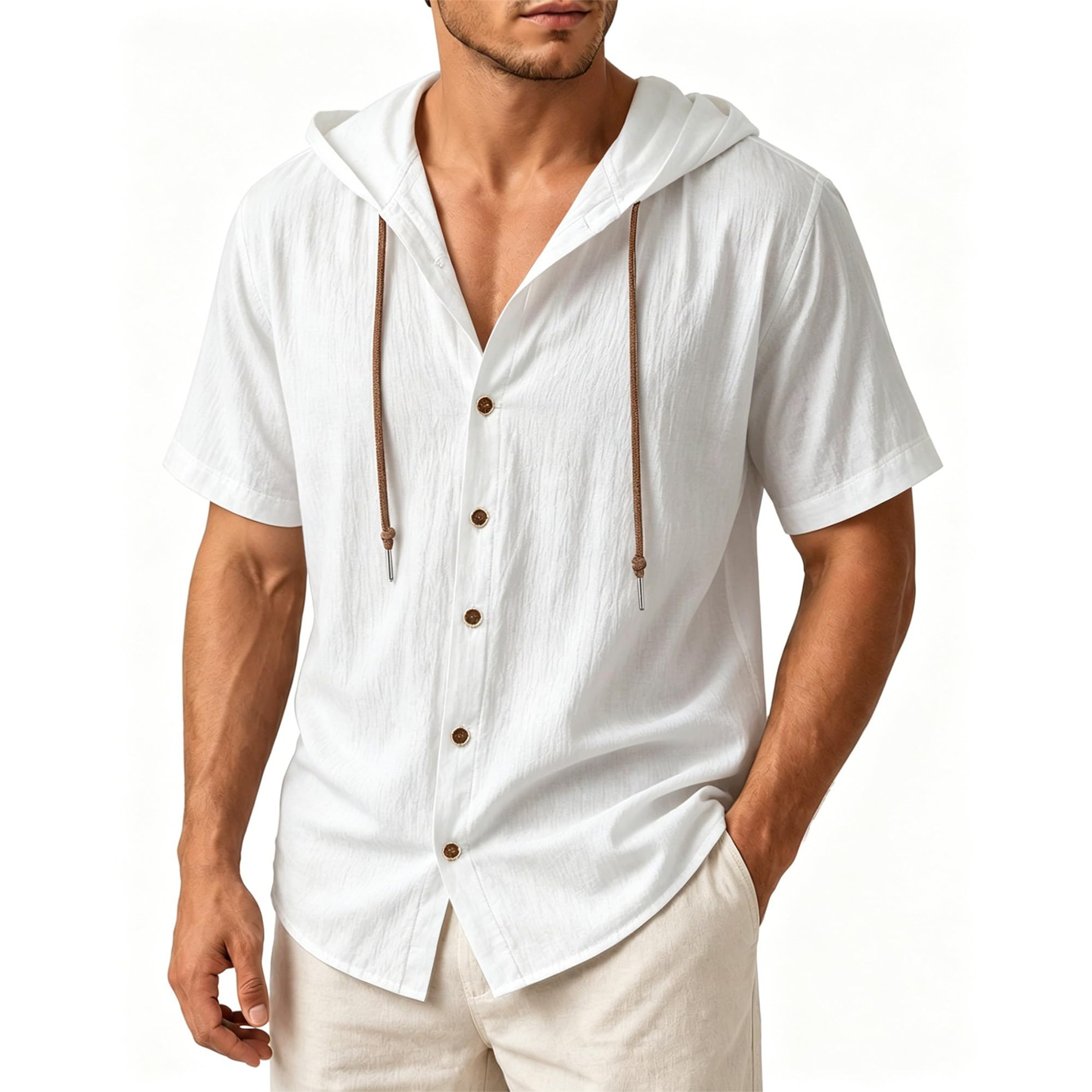 Men's Linen Hooded Short Sleeve Shirt