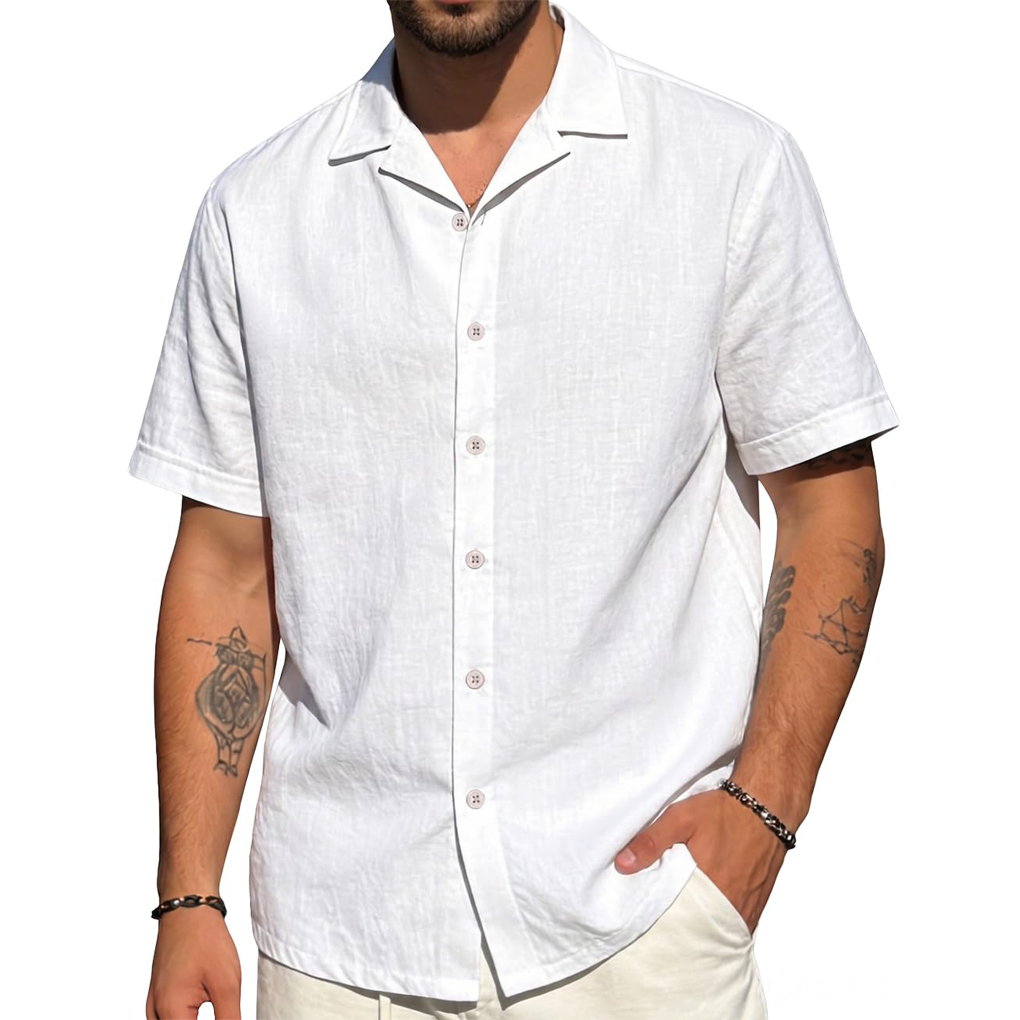 Men's Cotton Linen Button-Up Short Sleeve Shirt