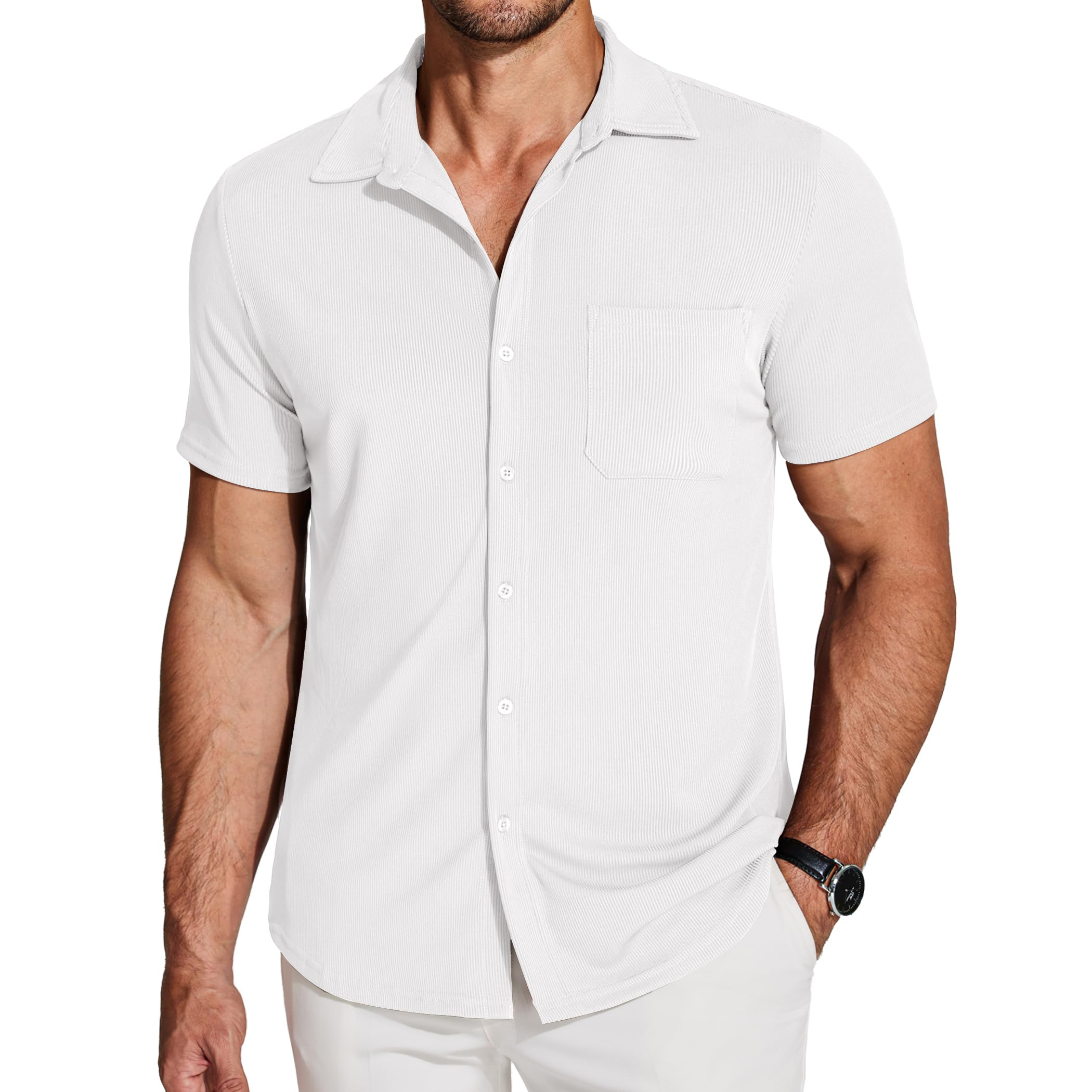 Men's Vertical Stripe Textured Short Sleeve Button-Up Shirt