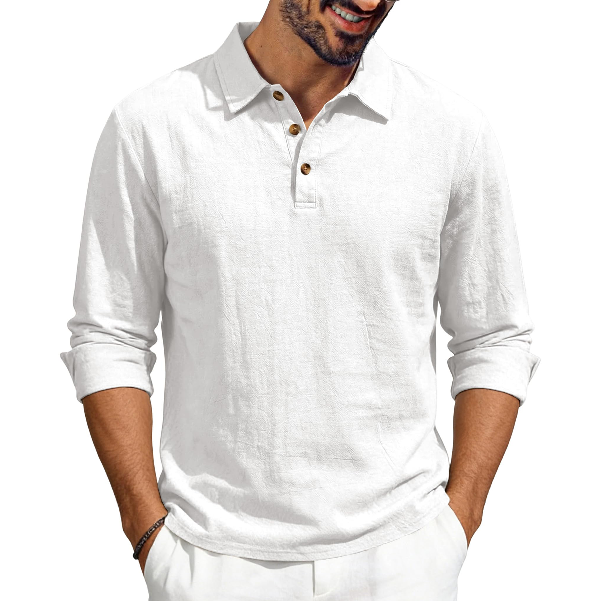 Men's Casual Linen Long Sleeve Polo Shirt