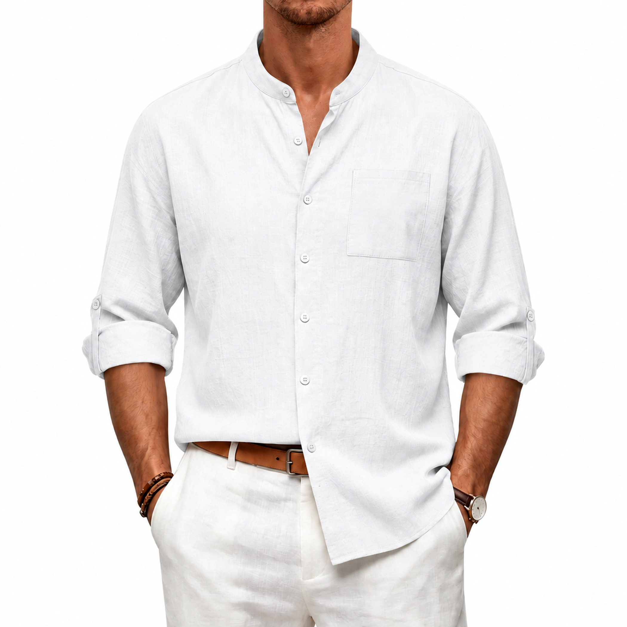 Men's Linen Band Collar Long Sleeve Shirt
