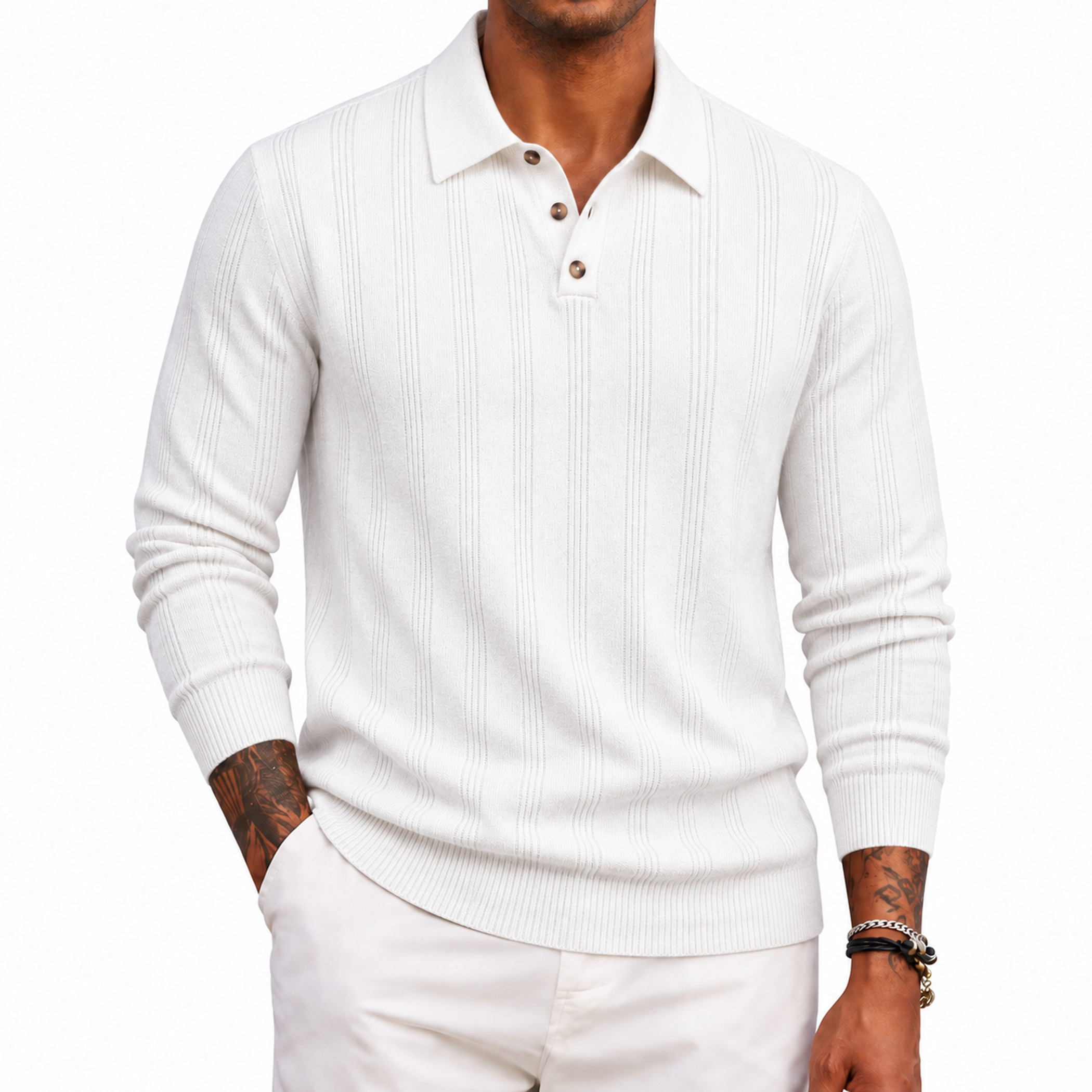Men's Textured Knit Long Sleeve Polo