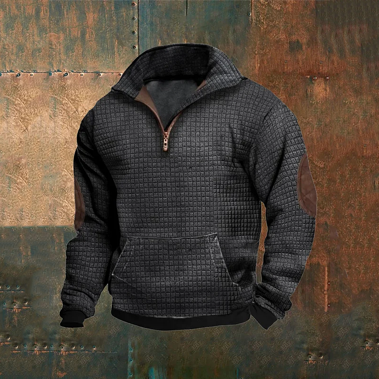 Zipper Stand Collar Solid Waffle Casual Sweatshirt