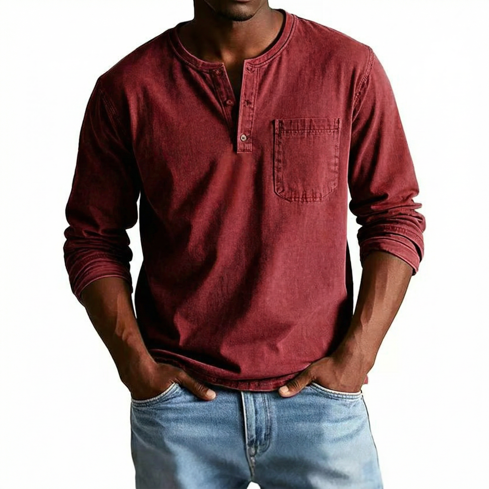 Men's Vintage Distressed Pocket Long Sleeve Henley Shirt