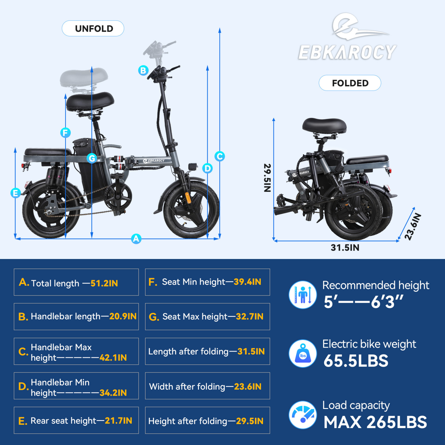 EBKAROCY Electric Bike for Adults,48V 20Ah Lithium Battery 28-45 miles,14'' Adults Electric Bicycles with Multiple Shock Absorption, Lightweight E-Bike