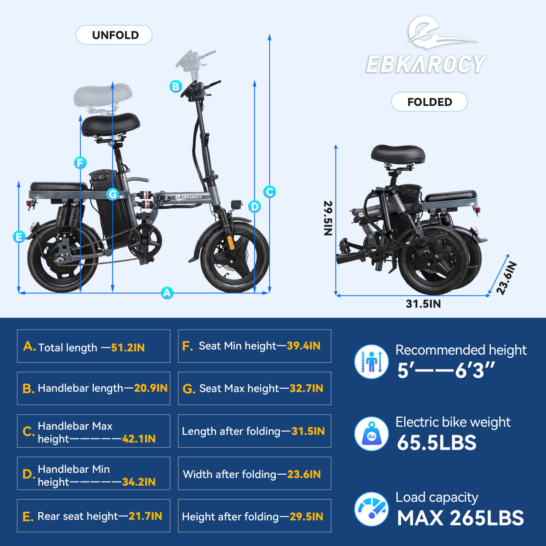 EBKAROCY Electric Bike for Adults,48V 20Ah Lithium Battery 28-45 miles,14'' Adults Electric Bicycles with Multiple Shock Absorption, Lightweight E-Bike