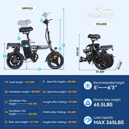 EBKAROCY Electric Bike for Adults,48V 20Ah Lithium Battery 28-45 miles,14'' Adults Electric Bicycles with Multiple Shock Absorption, Lightweight E-Bike