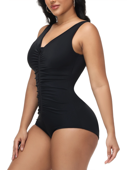 V Neck Zippered Triangle Bodycon Swimsuit