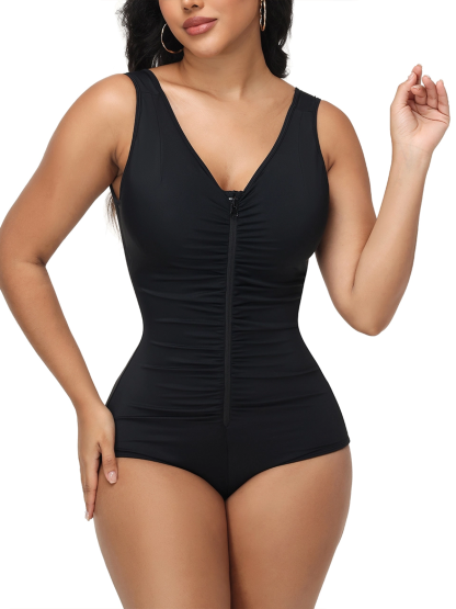 V Neck Zippered Triangle Bodycon Swimsuit
