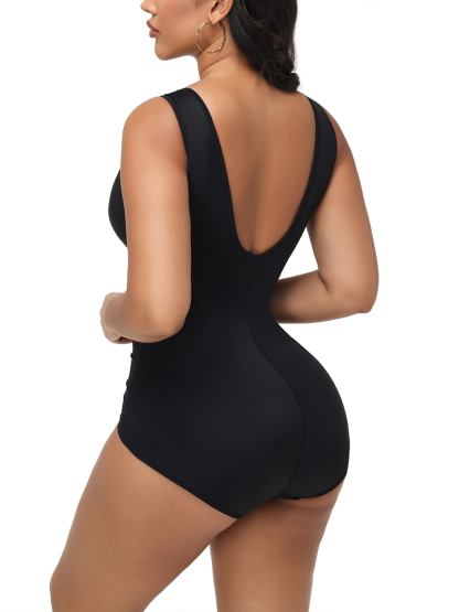 V Neck Zippered Triangle Bodycon Swimsuit