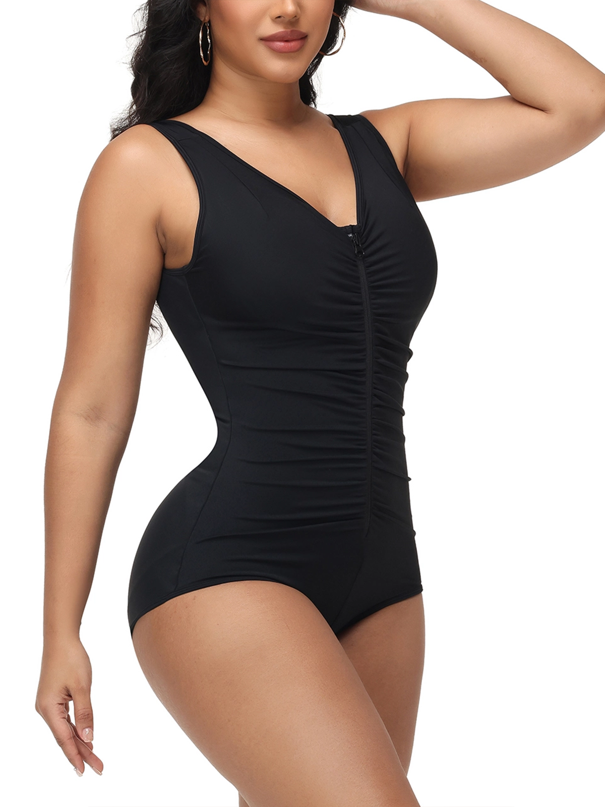 V Neck Zippered Triangle Bodycon Swimsuit