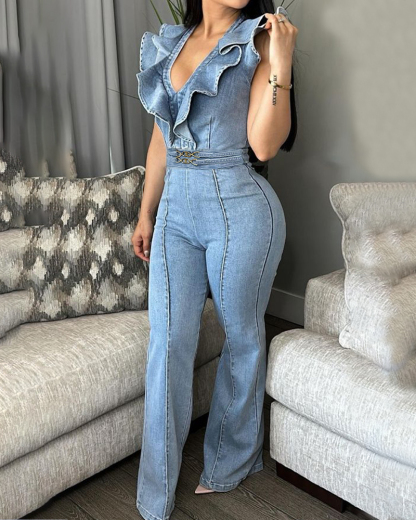Light Wash Denim Belt Detail V Neck Jumpsuit