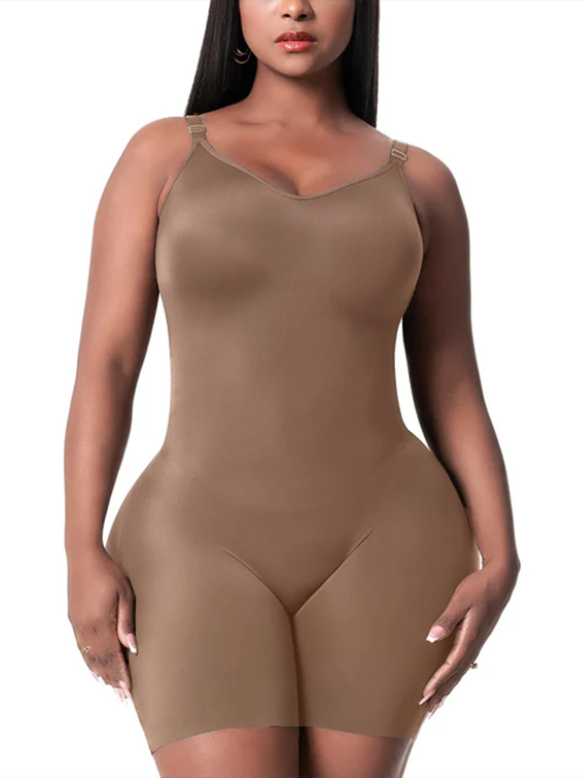 Chiccurve Daily Use Comfy Tummy Control Shapewear Bodysuit Mid Thigh With Built-In Bra